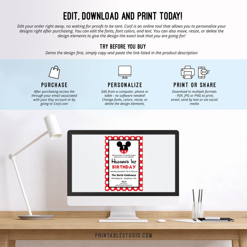 May include: A computer monitor displays a red and white polka dot invitation with a Mickey Mouse theme for Hudson's 1st birthday. The screen is on a wooden desk with a white lamp and a glass of pens. Text on the screen reads "Hudson's 1st Birthday".