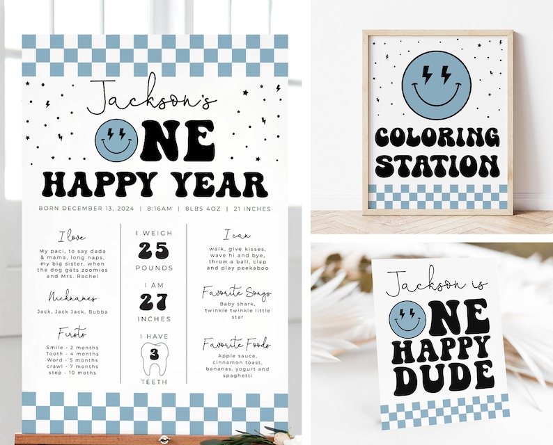 May include: A blue and white checkered background with a black and white graphic of a smiley face with lightning bolts. The text "Jackson's One Happy Year" is in black and white with a retro font. The text "Born December 13, 2024 | 8:16 AM | 8 LBS 4 OZ | 21 INCHES" is in black and white. The text "I love, I weigh, I can, Nicknames, Firsts, I have" is in black and white. The text "My paci, to say dada & mama, long naps, my big sister, when the dog gets zoomies and Mrs. Rachel, Jack, Jack Jack, Bubba, Smile - 2 months, Tooth - 4 months, Words - 6 months, Crawl - 7 months, Step - 10 months, 25 pounds, 27 inches, 3 teeth" is in black and white. The text "walk, give kisses, wave hi and bye, throw a ball, clap and play peekaboo, Baby shark, twinkle twinkle little star, Apple sauce, cinnamon toast, bananas, yogurt and spaghetti" is in black and white.