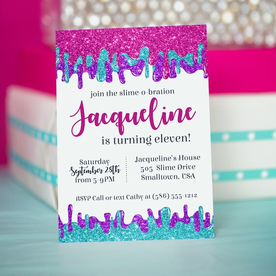 Slime Party Invitation in Pink - Printable Slime Birthday Party Invitation - Slime Invitation - Glittery Slime Party Invitation Il_570xn