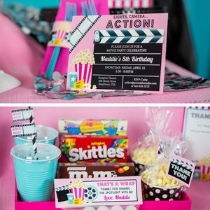 May include: A pink and black movie themed party favor bag filled with white candy. The bag has a pink and black label that says "That's a Wrap! Thanks for sharing the spotlight with me! Love, Maddie".