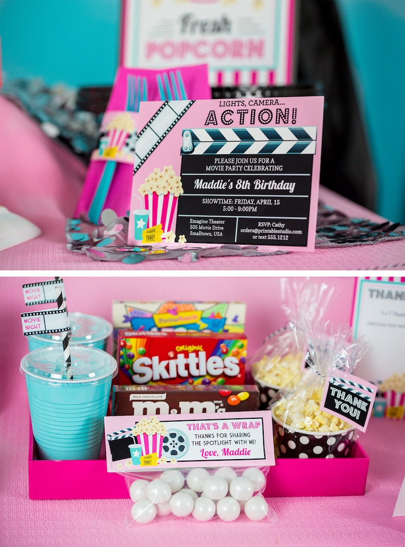 May include: A pink and black movie themed party favor bag filled with white candy. The bag has a pink and black label that says "That's a Wrap! Thanks for sharing the spotlight with me! Love, Maddie".