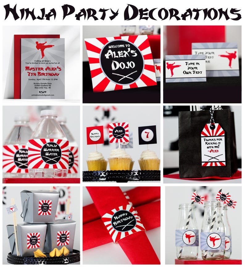 May include: A set of party decorations for a ninja-themed birthday party. The decorations include invitations, cupcake toppers, water bottle labels, favor bags, and napkin rings. The decorations feature a red and white striped design with black accents and a ninja silhouette.