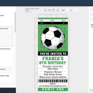 May include: A green and white soccer ticket invitation for Franco's 8th birthday party. The ticket features a soccer ball graphic, the text "You're invited to Franco's 8th Birthday", and the party details: Sunday, June 5th, 3pm-6pm, Franco's House, 505 Party Drive, Wear your sports attire! RSVP: printablestudio@gmail.com, Admit One.