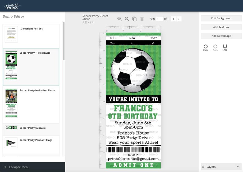 May include: A green and white soccer ticket invitation for Franco's 8th birthday party. The ticket features a soccer ball graphic, the text "You're invited to Franco's 8th Birthday", and the party details: Sunday, June 5th, 3pm-6pm, Franco's House, 505 Party Drive, Wear your sports attire! RSVP: printablestudio@gmail.com, Admit One.