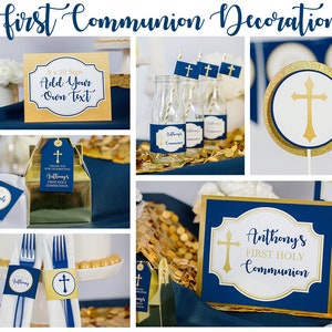 K&ouml;nnte beinhalten: Dekorationen f&uuml;r eine Erstkommunion-Party in Marineblau und Gold. Die Dekorationen beinhalten ein Schild mit der Aufschrift "Anthony's First Holy Communion", ein Kreuz und ein Dankesch&ouml;n-Etikett.