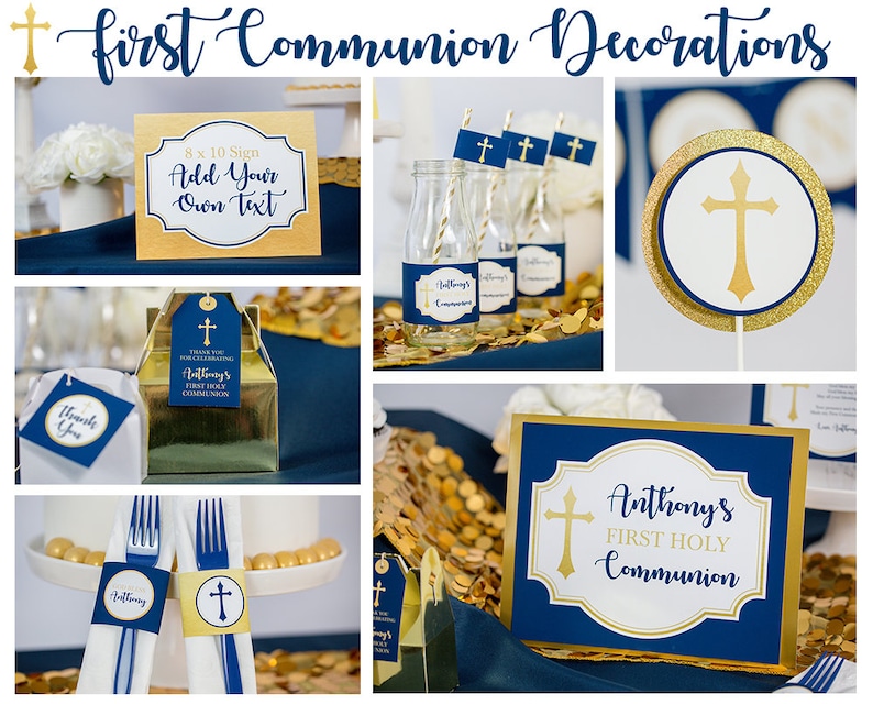 K&ouml;nnte beinhalten: Dekorationen f&uuml;r eine Erstkommunion-Party in Marineblau und Gold. Die Dekorationen beinhalten ein Schild mit der Aufschrift "Anthony's First Holy Communion", ein Kreuz und ein Dankesch&ouml;n-Etikett.