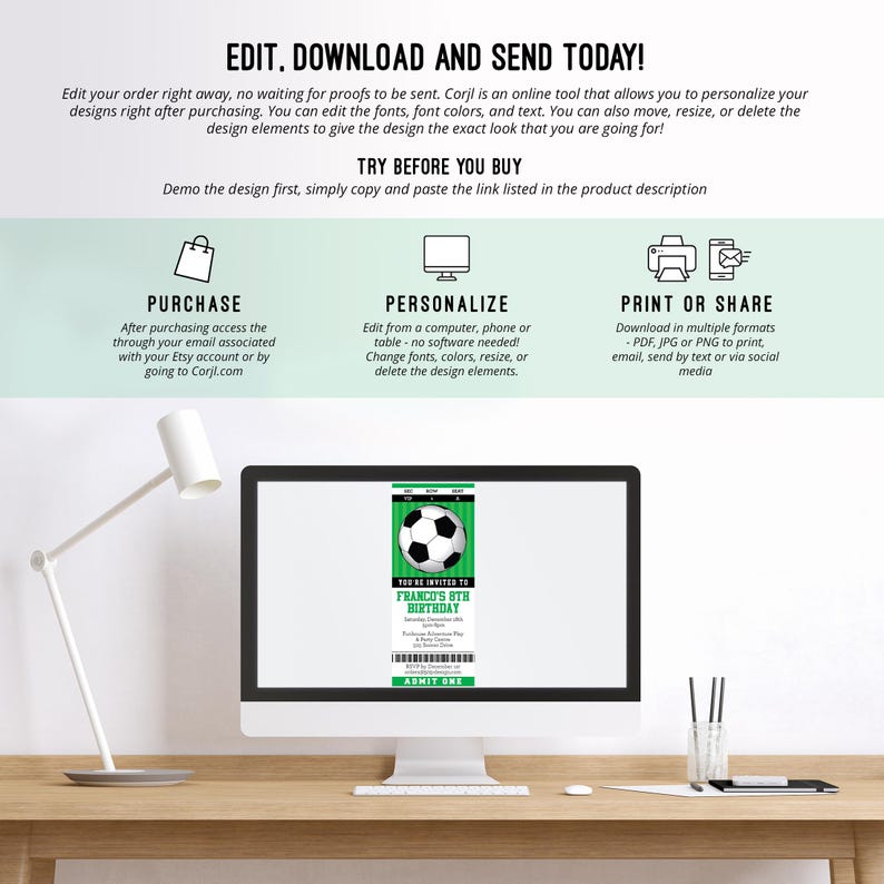 May include: A green and white soccer-themed birthday invitation template displayed on a computer screen. The invitation features a soccer ball and the text "You're Invited to Franco's 9th Birthday".