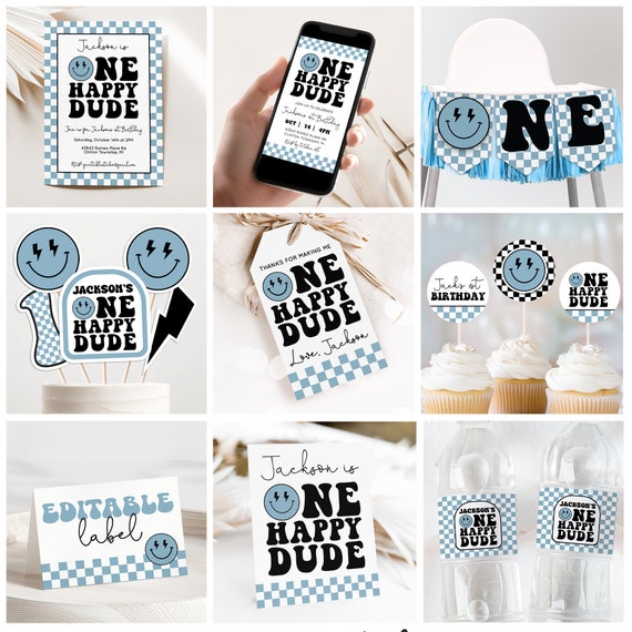 ONE Happy Dude Party Decorations in Blue Happy Dude Party HUGE Printable One Happy Dude Set Boys 1st Birthday Ideas Blue ONE Happy Dude