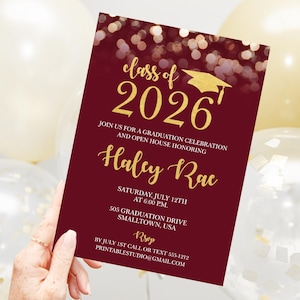 Editable Maroon & Gold Graduation Invitation, Class of 2026 (Instant Download)