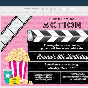 May include: Pink and black movie themed birthday invitation with a clapperboard, popcorn, and a movie ticket. The text reads "Lights, Camera... Action!" and "Emma's 8th Birthday".