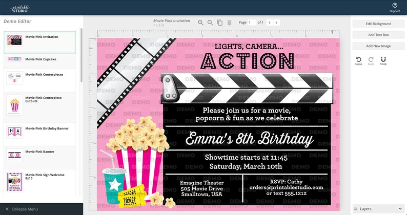 May include: Pink and black movie themed birthday invitation with a clapperboard, popcorn, and a movie ticket. The text reads "Lights, Camera... Action!" and "Emma's 8th Birthday".