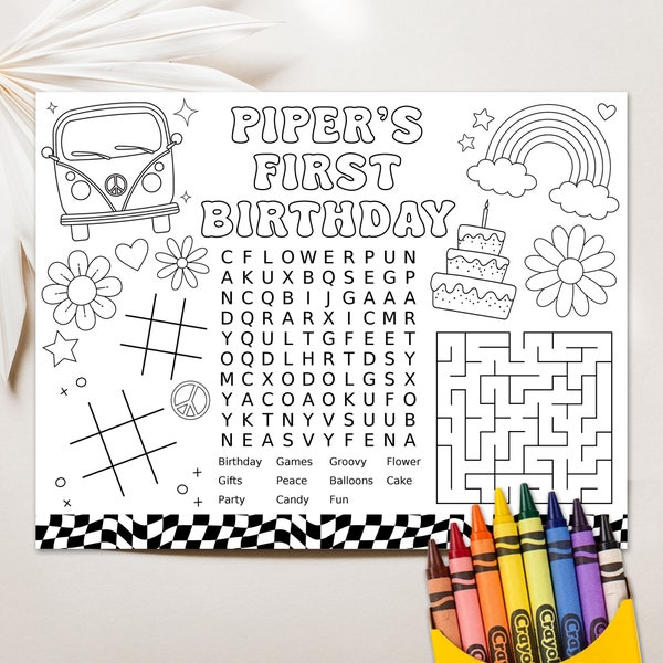 Daisy Party Coloring Page, Groovy Placemat, Hippie Activity Page, Groovy Birthday Party Activities, Printable Flower Power Party Games