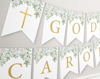 God Bless Banner: White Floral First Communion, Baptism (Digital Download)