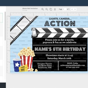 May include: Movie-themed birthday invitation with a film reel and clapperboard design. Includes popcorn, a drink, and movie tickets. The invitation text reads "LIGHTS, CAMERA... ACTION" and "NAME'S 8TH BIRTHDAY".
