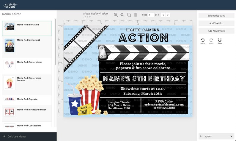 May include: Movie-themed birthday invitation with a film reel and clapperboard design. Includes popcorn, a drink, and movie tickets. The invitation text reads "LIGHTS, CAMERA... ACTION" and "NAME'S 8TH BIRTHDAY".