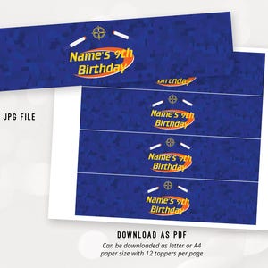 May include: A printable sheet of 12 blue and white camouflage patterned birthday party favor toppers. Each topper features a yellow and orange target with the text "Name's 9th Birthday".