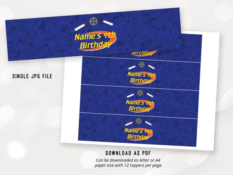 May include: A printable sheet of 12 blue and white camouflage patterned birthday party favor toppers. Each topper features a yellow and orange target with the text "Name's 9th Birthday".