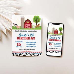 May include: A red, white, and blue birthday invitation with a farm theme. The invitation features a red barn, a silo, a green tree, a cow, a pig, a sheep, and a horse. The text on the invitation reads "Join us for a backyard barbeque & some barnyard fun at Lenis's 1st Birthday. Saturday, June 15 from 2-4pm. The Tanaka Farm 505 Farm Drive Smalltown, USA. RSVP Yay or Neigh to Cathy at 588-555-1212."