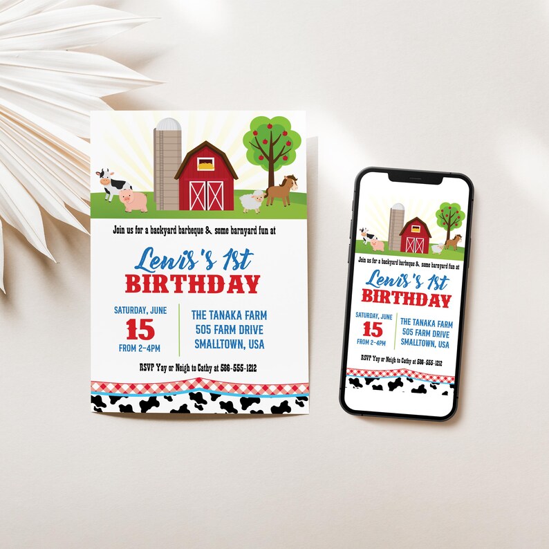 May include: A red, white, and blue birthday invitation with a farm theme. The invitation features a red barn, a silo, a green tree, a cow, a pig, a sheep, and a horse. The text on the invitation reads "Join us for a backyard barbeque & some barnyard fun at Lenis's 1st Birthday. Saturday, June 15 from 2-4pm. The Tanaka Farm 505 Farm Drive Smalltown, USA. RSVP Yay or Neigh to Cathy at 588-555-1212."