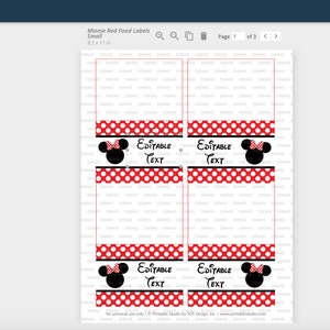 Peut inclure: Quatre &eacute;tiquettes alimentaires imprimables avec un fond &agrave; pois rouge et blanc et une silhouette noire de la t&ecirc;te de Minnie Mouse portant un n&oelig;ud rouge. Le texte "EDITABLE TEXT" est imprim&eacute; sur chaque &eacute;tiquette.