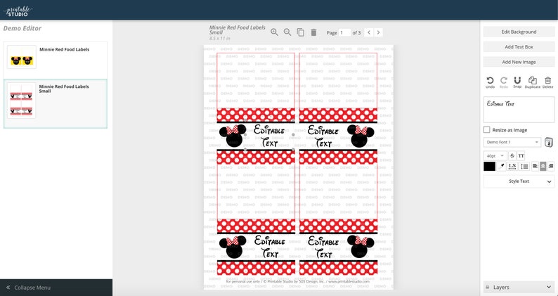 Peut inclure: Quatre &eacute;tiquettes alimentaires imprimables avec un fond &agrave; pois rouge et blanc et une silhouette noire de la t&ecirc;te de Minnie Mouse portant un n&oelig;ud rouge. Le texte "EDITABLE TEXT" est imprim&eacute; sur chaque &eacute;tiquette.