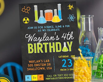 May include: A black chalkboard style invitation for a science themed birthday party. The invitation features colorful beakers, test tubes, and science symbols. The text reads "Join us for science, slime & fun as we celebrate Waylan's 4th Birthday. Waylan's Lab 505 Einstein Dr. Smalltown, USA Saturday, June 23 from 3-5pm. Call or text 555-1212 Printablesstudio@gmail.com"