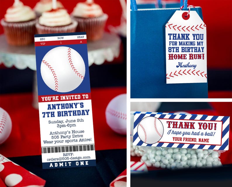 May include: A collage of baseball-themed party supplies. Includes a baseball ticket-style invitation for a 7th birthday, a gift tag, and a candy bag topper. The invitation features a baseball graphic and event details.