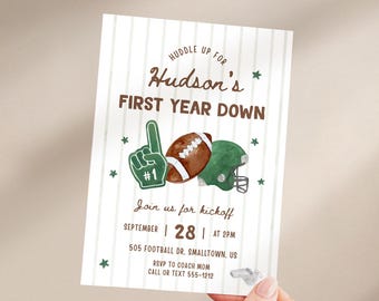 First Year Down Birthday Invitation Hand Drawn,  1st Year Down Invitation in Green, Football Invitation Template 0227 (digital file)