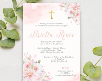 May include: Pink and white floral first communion invitation with a gold cross and the text "Please join us as we celebrate the First Holy Communion of our daughter Briella Renee" and the date "Saturday the Tenth of April at 2 O'Clock in the Afternoon".