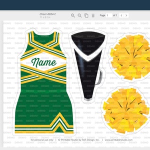 May include: Printable cheerleading outfit design in green and gold. The outfit includes a sleeveless top with a white "Name" text box, a skirt, and two pom-poms. A black megaphone is also included.