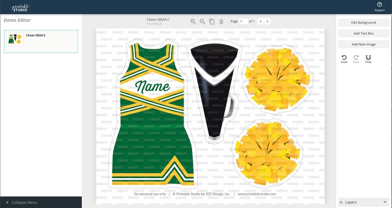 May include: Printable cheerleading outfit design in green and gold. The outfit includes a sleeveless top with a white "Name" text box, a skirt, and two pom-poms. A black megaphone is also included.