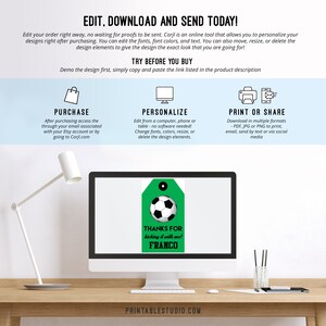 Puede incluir: Etiqueta de agradecimiento de f&uacute;tbol verde y blanca con el texto "&iexcl;Gracias por patear conmigo! Franco".