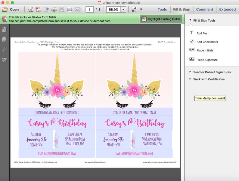 Floral Unicorn Horn Invitation Unicorn Invitation with Flowers Gold Horn Unicorn Party Invitation Unicorn Horn Invitation