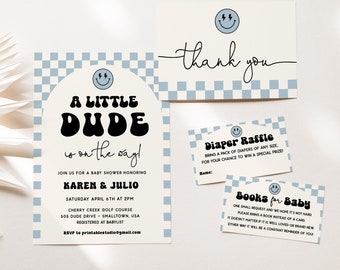 Paquete de invitaciones para baby shower "Pequeño Amigo", juego de invitaciones "Pequeño Amigo está en Camino", baby shower "Pequeño Amigo Azul", baby shower "Carita Sonriente"