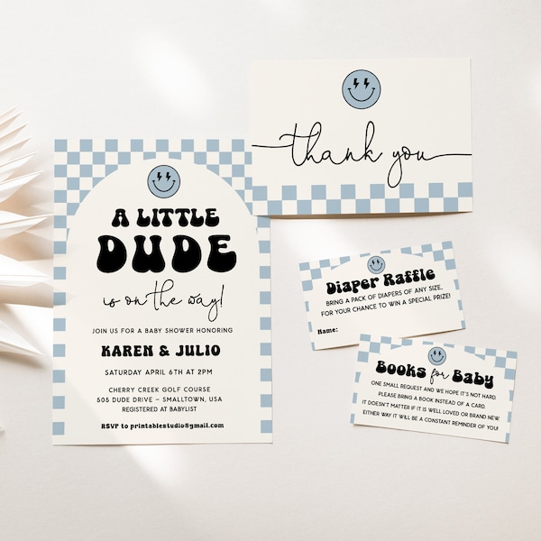 Little Dude Baby Shower Invitation Bundle, Little Dude is on the Way Invitation Set, A Little Dude Blue Baby Shower, Smiley Face Baby Shower