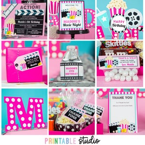 May include: Printable movie party decorations in pink and black with a film reel, popcorn, and a star. The decorations include a welcome sign, a birthday banner, a thank you card, a water bottle label, and a gift tag. The text on the welcome sign reads "Welcome to Maddie's Movie Night". The text on the birthday banner reads "Happy Birthday". The text on the thank you card reads "Thank You". The text on the water bottle label reads "Maddie's 8th Birthday". The text on the gift tag reads "That's a Wrap Thanks for sharing the spotlight with me Love, Maddie".
