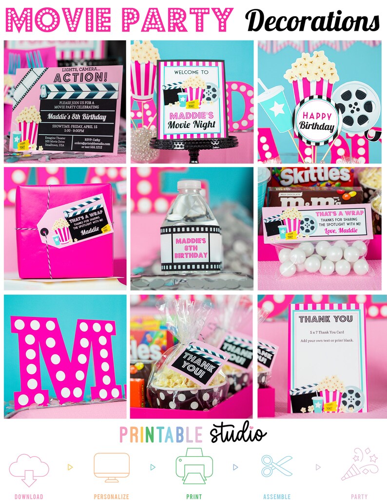 May include: Printable movie party decorations in pink and black with a film reel, popcorn, and a star. The decorations include a welcome sign, a birthday banner, a thank you card, a water bottle label, and a gift tag. The text on the welcome sign reads "Welcome to Maddie's Movie Night". The text on the birthday banner reads "Happy Birthday". The text on the thank you card reads "Thank You". The text on the water bottle label reads "Maddie's 8th Birthday". The text on the gift tag reads "That's a Wrap Thanks for sharing the spotlight with me Love, Maddie".