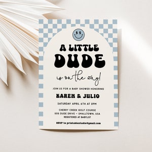 Little Dude baby shower uitnodiging uitnodiging, Little Dude is onderweg uitnodiging, A Little Dude blauwe babyshower, smiley babyshower