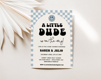 Little Dude Baby Shower Invitation Invitation, Little Dude is on the Way Invitation, A Little Dude Blue Baby Shower, Smiley Face Baby Shower