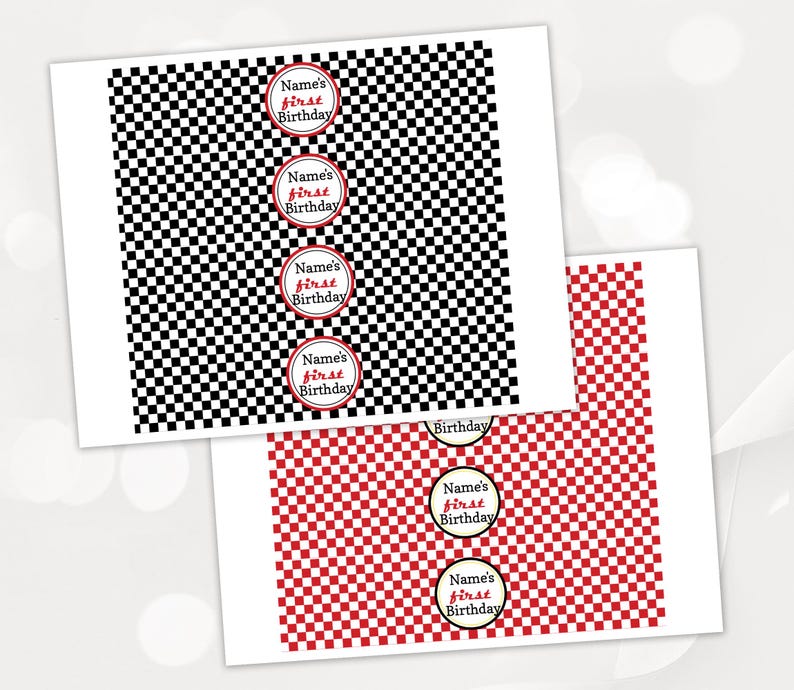 May include: Printable party favor tags with a checkered pattern in black and white or red and white. The tags feature the text "Name's first Birthday" in red.