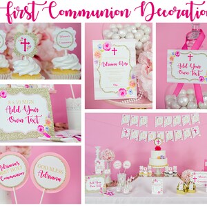 First Communion Decorations in Pink Gold and Floral Instant Download - Girls First Communion Party by Printable Studio