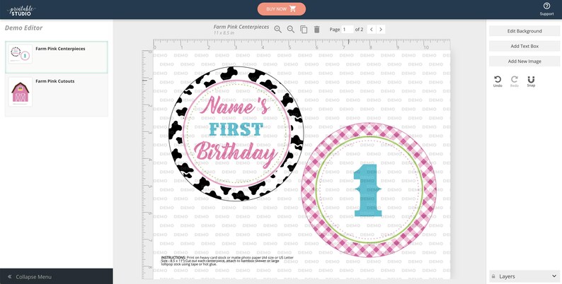 Puede incluir: Dos toppers de cupcake imprimibles para una fiesta de primer cumplea&ntilde;os. Un topper presenta un estampado de vaca blanco y negro con el texto "Name's First Birthday". El otro topper presenta un patr&oacute;n de cuadros rosa y blanco con el n&uacute;mero "1" en azul.
