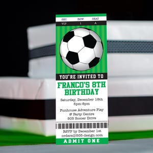 May include: Green and black ticket invitation for Franco's 8th birthday party. The ticket features a soccer ball graphic and the text "You're invited to Franco's 8th Birthday". The party is on Saturday, December 18th from 5pm to 8pm at Funhouse Adventure Play & Party Centre, 505 Soccer Drive. RSVP by December 1st at orders@505-design.com.