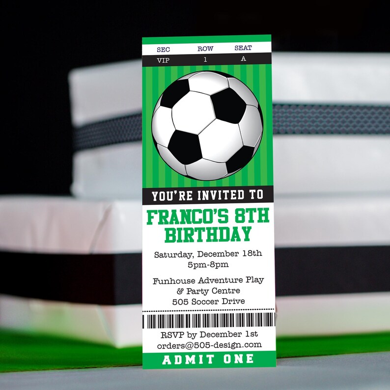 May include: Green and black ticket invitation for Franco's 8th birthday party. The ticket features a soccer ball graphic and the text "You're invited to Franco's 8th Birthday". The party is on Saturday, December 18th from 5pm to 8pm at Funhouse Adventure Play & Party Centre, 505 Soccer Drive. RSVP by December 1st at orders@505-design.com.