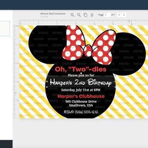 Puede incluir: Una invitaci&oacute;n imprimible para una fiesta de cumplea&ntilde;os de un ni&ntilde;o de dos a&ntilde;os. La invitaci&oacute;n presenta una cabeza de Minnie Mouse negra y roja con fondo a rayas amarillo y blanco. El texto dice "Oh, "Two"-dies Por favor, &uacute;nase a nosotros para el 2&ordm; cumplea&ntilde;os de Harper S&aacute;bado, 31 de julio a las 6:00 PM Harper's Clubhouse 505 Clubhouse Drive Smalltown, USA RSVP (586) 555-1212"