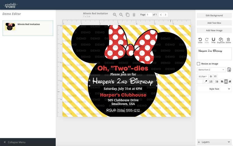 Puede incluir: Una invitaci&oacute;n imprimible para una fiesta de cumplea&ntilde;os de un ni&ntilde;o de dos a&ntilde;os. La invitaci&oacute;n presenta una cabeza de Minnie Mouse negra y roja con fondo a rayas amarillo y blanco. El texto dice "Oh, "Two"-dies Por favor, &uacute;nase a nosotros para el 2&ordm; cumplea&ntilde;os de Harper S&aacute;bado, 31 de julio a las 6:00 PM Harper's Clubhouse 505 Clubhouse Drive Smalltown, USA RSVP (586) 555-1212"