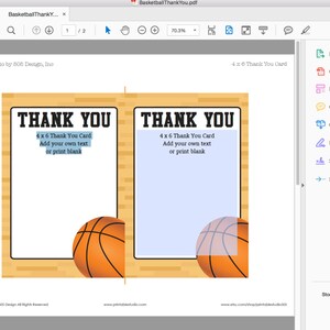 Basketball Thank You Card Printable Basketball Party Thank You Card ...