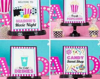 Placas para festas de cinema - Download instantâneo Placas para festas de cinema rosa - Placas de concessões de cinema - Placa de doces, bebidas e pipoca da Printable Studio