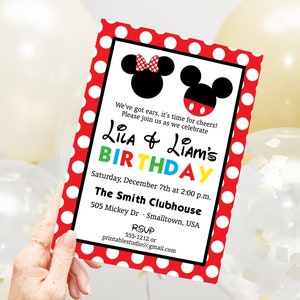 May include: A birthday invitation with a red polka dot border. The invitation features Mickey and Minnie Mouse silhouettes and the text "Lila & Liam's BIRTHDAY". The invitation includes event details such as date, time, and location.