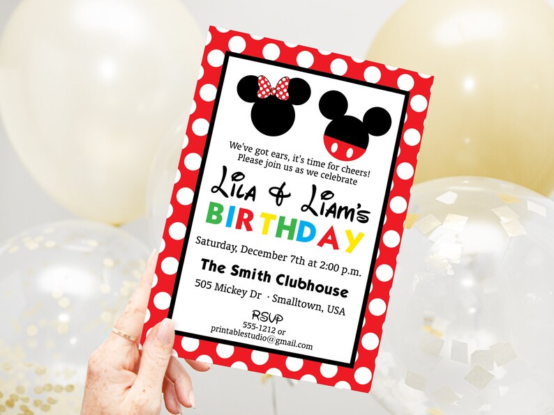 May include: A birthday invitation with a red polka dot border. The invitation features Mickey and Minnie Mouse silhouettes and the text "Lila & Liam's BIRTHDAY". The invitation includes event details such as date, time, and location.